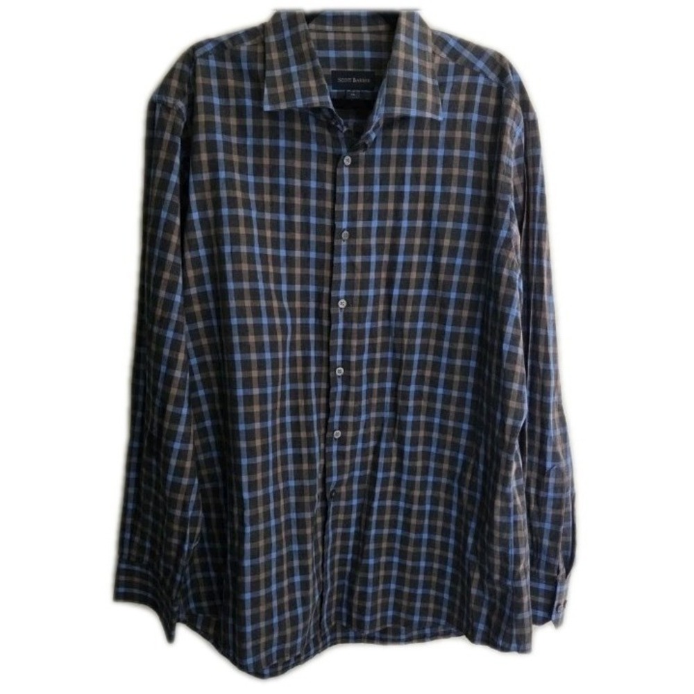 Scott Barber Mens XL‎ Plaid Button Down Shirt Blue Brown Long Sleeve 100% Cotton
